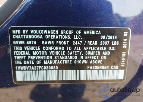 2015 Volkswagen Passat Se from USA, damaged, VIN 1VWBV7A37FC030080